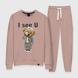 Костюм хлопковый женский Плюшевый медведь с лупой, цвет: пыльно-розовый