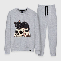 Костюм хлопковый женский Черный кот лежит на черепе, цвет: меланж