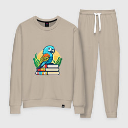 Костюм хлопковый женский Попугай на стопке книг, цвет: миндальный