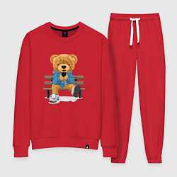 Костюм хлопковый женский Плюшевый медведь на скамейке, цвет: красный