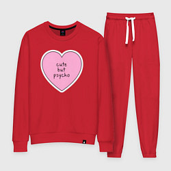 Костюм хлопковый женский Cute but psycho pink heart, цвет: красный