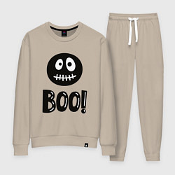 Костюм хлопковый женский Страшный черный смайлик: Буу!, цвет: миндальный