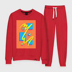 Костюм хлопковый женский Оранжевый абстракт с желтой линией, цвет: красный