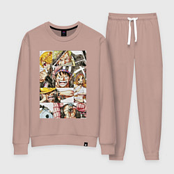 Костюм хлопковый женский Ван-Пис Луффи Монки Д коллаж, цвет: пыльно-розовый