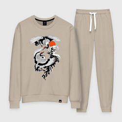 Костюм хлопковый женский Японские журавли брачный танец, цвет: миндальный