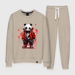 Костюм хлопковый женский Модная панда в красной куртке, цвет: миндальный
