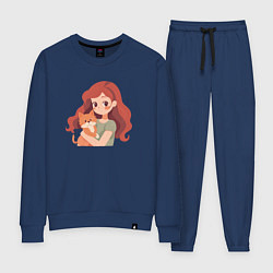 Костюм хлопковый женский Девочка с рыжим котёнком, цвет: тёмно-синий