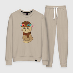 Костюм хлопковый женский Милый котик в кепке и с шарфиком - художник, цвет: миндальный