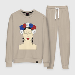 Костюм хлопковый женский Женский портрет: девушка в венке триколор, цвет: миндальный