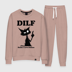 Костюм хлопковый женский DILF damn I love felines, цвет: пыльно-розовый