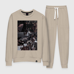 Костюм хлопковый женский Волки коллаж, цвет: миндальный