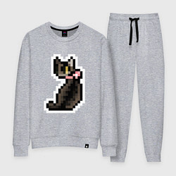 Костюм хлопковый женский Милая пиксельная кошка с розовым ошейником, цвет: меланж