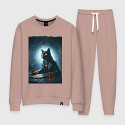 Костюм хлопковый женский Кибер кот за компьютером - неоновое свечение, цвет: пыльно-розовый