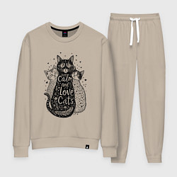 Костюм хлопковый женский Keep calm and love cats, цвет: миндальный