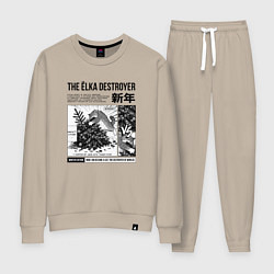 Костюм хлопковый женский Новогодняя манга - кот роняет ёлку, цвет: миндальный