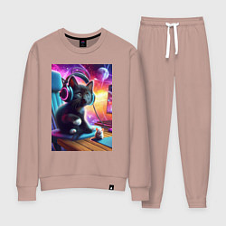 Костюм хлопковый женский Котёнок в наушниках и мышка, цвет: пыльно-розовый