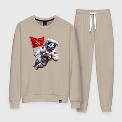 Костюм хлопковый женский Далматинец космонавт с красным флагом СССР, цвет: миндальный