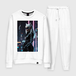 Женский костюм Девушка с кошачьими ушами стоит на фоне небоскребо