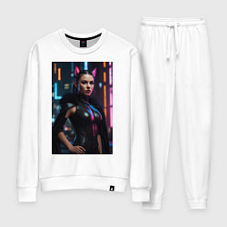 Женский костюм Девушка с кошачьими ушами стоит на фоне небоскребо