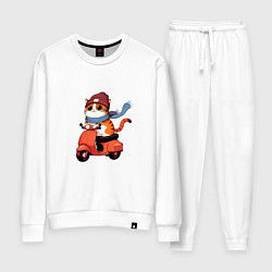 Костюм хлопковый женский Кот в шапке на скутере, цвет: белый