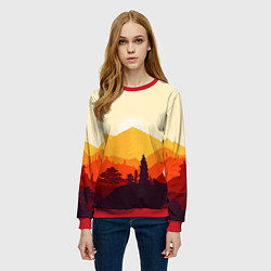 Свитшот женский Горы закат пейзаж лиса арт, цвет: 3D-красный — фото 2