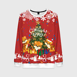 Свитшот женский Тигрята и ёлка, цвет: 3D-белый