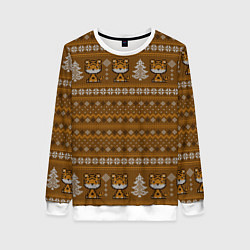 Свитшот женский Вязанный тигр и елочки Новый год 2022, цвет: 3D-белый