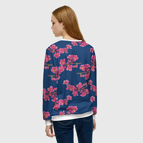Женский свитшот Веточки айвы с розовыми цветами на синем фоне / 3D-Белый – фото 4