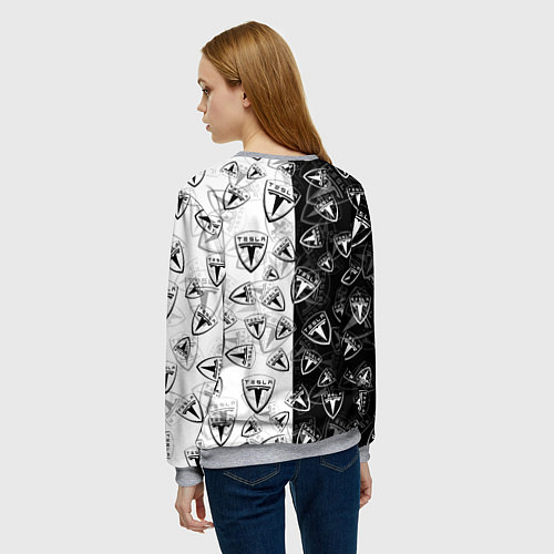 Женский свитшот TESLA BLACK AND WHITE LOGO PATTERN / 3D-Меланж – фото 4