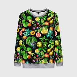 Свитшот женский Сочные фрукты - персик, груша, слива, ананас, цвет: 3D-меланж