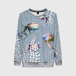 Свитшот женский Разноцветные акварельные рыбки и белые водоросли, цвет: 3D-меланж