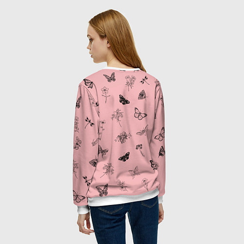 Женский свитшот Цветочки и бабочки на розовом фоне / 3D-Белый – фото 4