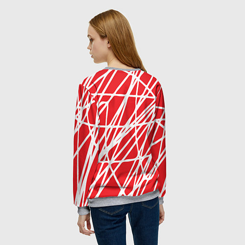 Женский свитшот Белые линии на красном фоне Абстракция / 3D-Меланж – фото 4