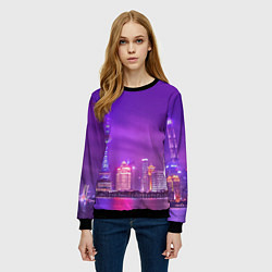 Свитшот женский Неоновый мегаполис - Фиолетовый, цвет: 3D-черный — фото 2