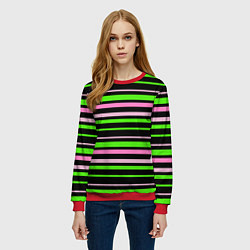 Свитшот женский Полосаты узор в зелено-розовых оттенках на черном, цвет: 3D-красный — фото 2