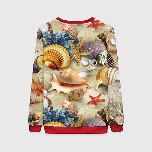 Женский свитшот Морские раковины, кораллы, морские звёзды на песке / 3D-Красный – фото 2