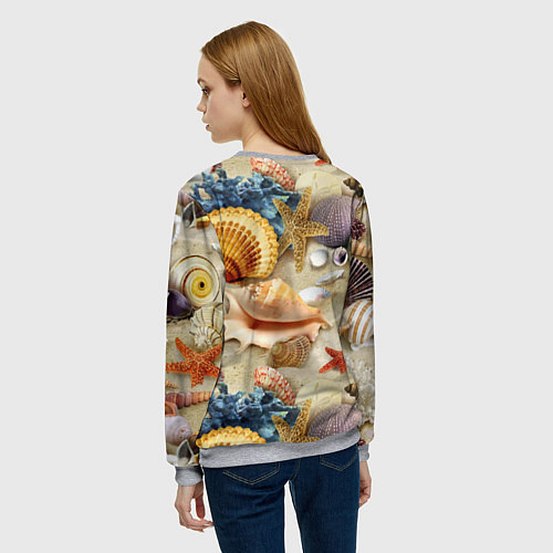 Женский свитшот Морские раковины, кораллы, морские звёзды на песке / 3D-Меланж – фото 4