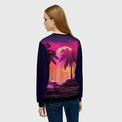 Женский свитшот Пальмы и пляж в розовом закате ретро дизайн / 3D-Черный – фото 4