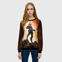 Свитшот женский Кварианка стоит на горе трупов в свете огня, цвет: 3D-черный — фото 2