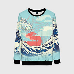 Свитшот женский Морской пейзаж с большими волнами на закате, цвет: 3D-черный