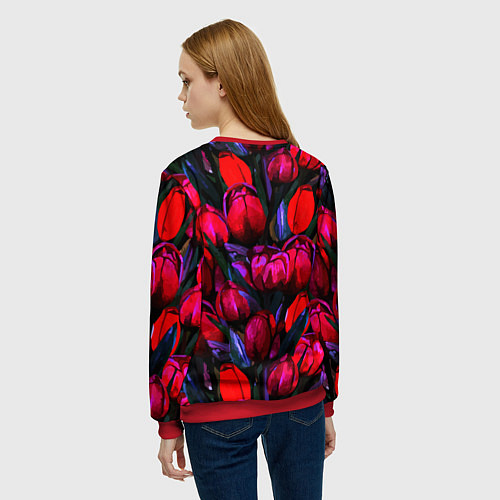 Женский свитшот Тюльпаны - поле красных цветов / 3D-Красный – фото 4