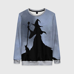 Свитшот женский Halloween - силуэт ведьмы с котом, цвет: 3D-меланж