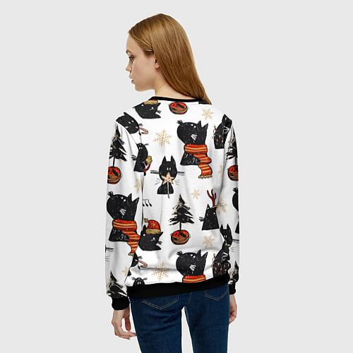 Женский свитшот Черные котики новогодний узор / 3D-Черный – фото 4