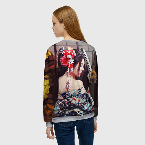 Женский свитшот Японская девушка с самурайским мечом / 3D-Меланж – фото 4