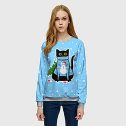 Свитшот женский Котик в свитере под снегопадом - синий, цвет: 3D-меланж — фото 2