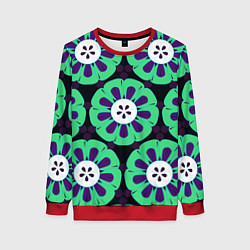 Свитшот женский Паттерн голубо-зеленые зубастые цветы, цвет: 3D-красный