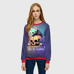 Свитшот женский Черный котенок на черепе мрачный неоновый фон, цвет: 3D-красный — фото 2