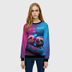 Свитшот женский Влюбленные ленивцы обнимаются на фоне неонового се, цвет: 3D-черный — фото 2