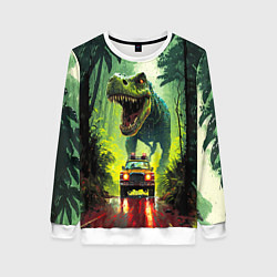 Свитшот женский Динозавр в погоне за машиной в джунглях, цвет: 3D-белый