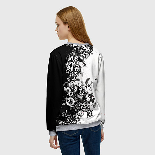 Женский свитшот Черно-белая птица среди узорчатых цветов / 3D-Меланж – фото 4